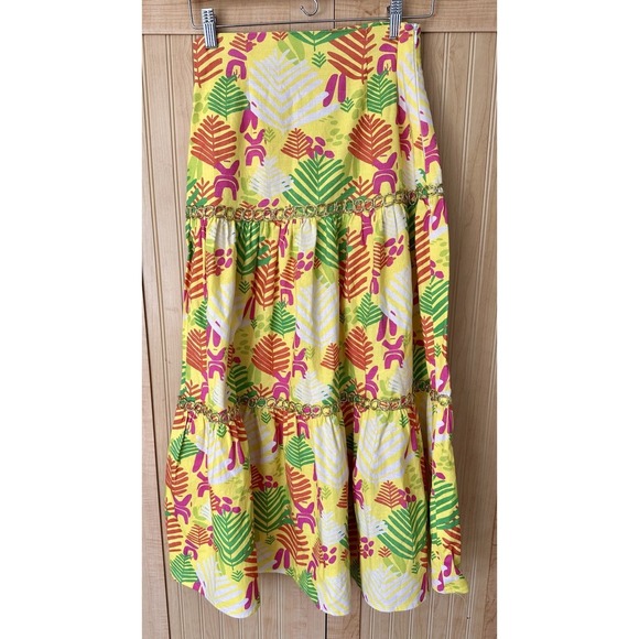 Ck Bradley Dresses & Skirts - CK Bradley Colorful Yellow Maxi‎ Skirt Tiered Tropical Floral Sz XS Cotton Blend
